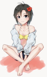 Rule 34 | 1girl, antenna hair, barefoot, between legs, bikini, black eyes, black hair, black shorts, breasts, cleavage, closed mouth, collarbone, dress shirt, flower, full body, hair between eyes, halterneck, hand between legs, hibiscus, highres, idolmaster, idolmaster (classic), indian style, kikuchi makoto, mogskg, off shoulder, open clothes, open shirt, red hair, shiny skin, shirt, short hair, short shorts, shorts, simple background, sitting, small breasts, smile, solo, striped clothes, striped shirt, swimsuit, white background, yellow bikini