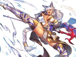 Rule 34 | 10s, 1girl, abs, animal ears, armor, armored boots, boots, braid, breasts, brown eyes, commentary request, covered navel, erune, female focus, gauntlets, granblue fantasy, heles, holding, holding weapon, kicking, large breasts, long hair, melon22, armored boots, open mouth, polearm, sideboob, silver hair, solo, teeth, thigh boots, thighhighs, thighs, trident, very long hair, weapon, wolf ears