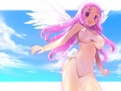 Rule 34 | 1girl, angel wings, bikini, blush, breasts, chunsoft, cloud, covered erect nipples, day, dragon quest, dragon quest iv, enix, hima, large breasts, long hair, lucia (dq), open mouth, pink bikini, pink eyes, pink hair, see-through, side-tie bikini bottom, sky, solo, swimsuit, wet, wings