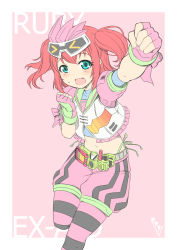 Rule 34 | 1girl, absurdres, arm up, blue eyes, bunji, character name, crop top, fingerless gloves, floating hair, gloves, headpiece, highres, kamen rider, kamen rider ex-aid, kamen rider ex-aid (series), kurosawa ruby, leg up, long hair, love live!, love live! sunshine!!, midriff, navel, open mouth, pantyhose, pantyhose under shorts, pink gloves, pink shorts, red hair, rider-tan, shorts, solo, standing, standing on one leg, stomach, striped clothes, striped pantyhose, sweatdrop, twintails, two side up