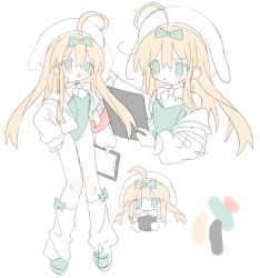 Rule 34 | 1girl, ahoge, animal hat, armband, blonde hair, blush, bow, clipboard, color guide, commentary, daizu (melon-lemon), flat color, full body, green bow, green eyes, green footwear, green leotard, hair between eyes, hair bow, hat, holding, holding clipboard, kneehighs, leotard, leotard under clothes, long hair, long sleeves, looking at viewer, loose socks, multiple views, open clothes, open mouth, open shirt, original, red armband, sailor collar, sailor shirt, shirt, shoes, simple background, socks, upper body, white background, white hat, white shirt, white socks