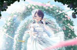 Rule 34 | 1girl, arch, blue eyes, blue flower, blue hair, blue ribbon, blue rose, blurry, blurry background, blurry foreground, choker, collarbone, dark blue hair, dress, dress flower, fingerless gloves, floating clothes, floating hair, floral arch, flower, flower choker, foreshortening, frilled wrist cuffs, frills, game cg, gloves, hair flower, hair ornament, hair ribbon, highres, holding, holding microphone, jewelry, lace-trimmed wrist cuffs, lace trim, link! like! love live!, long hair, looking at viewer, love live!, low twintails, medium dress, microphone, mole, mole on neck, murano sayaka, official art, open mouth, outstretched arm, outstretched hand, reaching, reaching towards viewer, ribbon, ring, rose, see-through, see-through dress layer, see-through sleeves, short sleeves, single fingerless glove, single wrist cuff, smile, solo, streamers, teeth, third-party source, twintails, upper teeth only, virtual youtuber, white choker, white dress, white flower, white rose, wrist cuffs