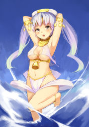Rule 34 | 1girl, armpits, arms behind head, atage, bikini, blush, breasts, cleavage, grey eyes, long hair, looking at viewer, navel, open mouth, original, silver hair, solo, swimsuit, twintails, water, white bikini
