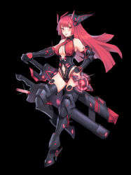 Rule 34 | 1girl, absurdres, armpits, bare shoulders, black background, boots, breasts, center opening, cleavage, clothing cutout, full body, headgear, heattech leotard, highres, holding, large breasts, long hair, looking at viewer, mecha musume, mechanical arms, mechanical boots, mochirong, navel, navel cutout, original, parted lips, red eyes, red hair, revealing clothes, simple background, solo, sword, thigh boots, thighhighs, thighs, turtleneck, weapon