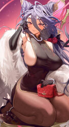Rule 34 | 1girl, absurdres, anklet, azur lane, black footwear, black gloves, black hair, breasts, chi an (azur lane), chi an (lanternlit stroll) (azur lane), elbow gloves, flower, gloves, hair between eyes, hair bun, hair flower, hair ornament, high heels, highres, huge breasts, jewelry, long hair, looking at viewer, pumps, purple eyes, shoes, sideboob, sideless outfit, sitting, smile, solo, stiletto heels, thick thighs, thighs, very long hair, yun-yang