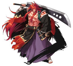 Rule 34 | 1boy, full body, hakama, hakama skirt, horns, huge weapon, japanese clothes, kyousaku, long hair, male focus, muscular, mygrimoire, oni, original, red eyes, red hair, satan (mygrimoire), simple background, single horn, skirt, solo, sword, tattoo, topless male, traditional clothes, very long hair, weapon, white background