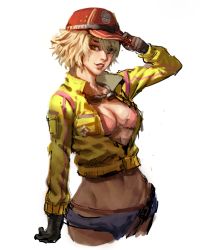 Rule 34 | 10s, 1girl, adjusting clothes, adjusting headwear, athenawyrm, blonde hair, bra, breasts, cidney aurum, cleavage, final fantasy, final fantasy xv, goggles, goggles around neck, hat, looking at viewer, midriff, navel, panties, short shorts, shorts, sketch, smile, solo, underwear
