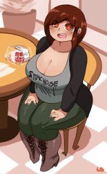 Rule 34 | 1girl, belly, boots, breasts, brown eyes, brown hair, cleavage, ear piercing, highres, huge breasts, lightsource, nail polish, piercing, plump, purin (lightsource), sitting, smile, solo, table, thick eyebrows, thick thighs, thighs, wide hips