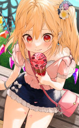Rule 34 | 1girl, alternate costume, artist name, bag, bench, blonde hair, blush, bow, bracelet, crystal, earrings, flandre scarlet, flower, food, food on body, gotou (nekocat), hair between eyes, hair flower, hair ornament, handbag, highres, holding, holding food, ice cream, ice cream cone, jewelry, no headwear, one side up, outdoors, pointy ears, red eyes, scrunchie, short sleeves, sitting, skirt, solo, touhou, white bow, wings