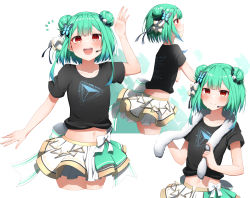 Rule 34 | 1girl, :d, absurdres, alternate universe, black shirt, blush, butterfly hair ornament, closed mouth, cropped legs, double bun, fur scarf, green hair, hair bun, hair ornament, hair ribbon, highres, hololive, long hair, looking at viewer, microphone, midriff, multiple views, navel, open mouth, pepushi drow, red eyes, ribbon, shirt, short sleeves, sidelocks, simple background, skirt, smile, uruha rushia, virtual youtuber, white background, white skirt