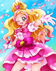 Rule 34 | 1girl, absurdres, bad id, bad pixiv id, blonde hair, blue background, bow, cure flora, earrings, eyebrows, flower, flower earrings, flower necklace, gloves, go! princess precure, gradient background, green eyes, haruno haruka, highres, jewelry, long hair, magical girl, multicolored hair, necklace, one eye closed, petals, pink bow, pink hair, pink skirt, precure, puffy short sleeves, puffy sleeves, sharumon, short sleeves, skirt, smile, solo, streaked hair, thick eyebrows, two-tone hair, waist bow, white gloves