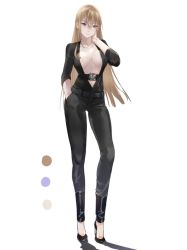 Rule 34 | 1girl, alternate costume, arm up, bismarck (kancolle), black footwear, black jacket, black pants, blonde hair, blush, breasts, color guide, full body, jacket, kantai collection, large breasts, long hair, neko (ganecooo), no bra, open clothes, open jacket, pants, purple eyes, shoes, simple background, smile, solo, standing, white background