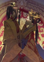 Rule 34 | 1boy, 1girl, black hair, chinese clothes, diana ii, earrings, eye contact, facial mark, forehead mark, gold trim, hair ornament, hetero, highres, holding hands, indoors, jewelry, jiang yanli, jin zixuan, lipstick, long hair, looking at another, makeup, modao zushi, profile, twitter username