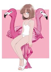Rule 34 | 1girl, amamams, bird, blue eyes, bob cut, brown hair, casual one-piece swimsuit, expressionless, flamingo, frilled swimsuit, frills, highres, invisible chair, looking to the side, one-piece swimsuit, original, pink background, sandals, short hair, sitting, swimsuit