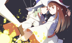 Rule 34 | 10s, 2girls, alternate clothes color, alternate color, alternate eye color, belt, black background, blue eyes, bow (weapon), brown eyes, brown hair, closed mouth, diana cavendish, dress, eyes visible through hair, female focus, friends, green hair, hat, holding, holding weapon, kagari atsuko, light particles, little witch academia, long hair, long sleeves, magic, multicolored hair, multiple girls, neck, outstretched arm, school uniform, serious, simple background, spoilers, standing, two-tone hair, vic (vedream), weapon, white dress, white hair, white headwear, wide sleeves, witch, witch hat