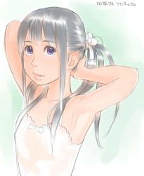 Rule 34 | 1girl, adjusting hair, armpits, arms up, camisole, chitose (zenkou), dated, dress, flat chest, lips, looking at viewer, original, parted lips, ponytail, purple eyes, shiny skin, silver hair, smile, solo, sundress, zenkou