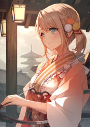 Rule 34 | 2girls, architecture, blonde hair, blue eyes, blush, bow (weapon), closed mouth, commentary request, cowengium, east asian architecture, frilled kimono, frills, from side, hair ornament, hakama, highres, hololive, japanese clothes, kazama iroha, kazama iroha (new year), kimono, la+ darknesss, lantern, light particles, long sleeves, looking away, multiple girls, on roof, orange kimono, red hakama, short hair, sitting on roof, smile, solo focus, upper body, virtual youtuber, weapon