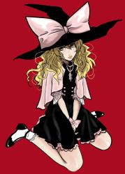 Rule 34 | 1girl, :p, alternate costume, between legs, black dress, blonde hair, bow, capelet, cross, dress, female focus, full body, hand between legs, hat, hat bow, jewelry, kirisame marisa, large bow, long hair, necklace, pearl necklace, petticoat, simple background, sitting, socks, solo, tongue, tongue out, touhou, wariza, wavy hair, white socks, witch, witch hat, yellow eyes