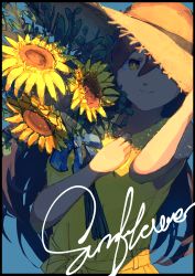Rule 34 | 1girl, absurdres, blue background, blue ribbon, deho toiimasu, dress, flower, hat, highres, holding, holding flower, looking at viewer, one eye covered, original, plant, ribbon, shadow, smile, solo, straw hat, sunflower, upper body, yellow dress, yellow eyes, yellow flower