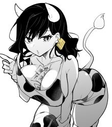 Rule 34 | 1girl, animal print, azu (azu401), bent over, between breasts, breasts, cleavage, collarbone, commentary, coupon, cow girl, cow horns, cow print, cow tail, cowboy shot, ear tag, eyelashes, gloves, greyscale, highres, horns, large breasts, leaning forward, lips, looking at viewer, medium hair, midriff, monochrome, original, parted lips, short shorts, shorts, simple background, solo, strap pull, tail, tank top, thighhighs, thighs, white background