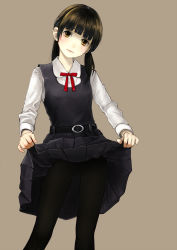 Rule 34 | 1girl, 666 (marino), belt, black hair, black pantyhose, blush, brown eyes, clothes lift, cowboy shot, dress, grey background, highres, lifted by self, lips, looking at viewer, low twintails, original, pantyhose, pinafore dress, school uniform, skirt, skirt lift, sleeveless, sleeveless dress, smile, solo, twintails