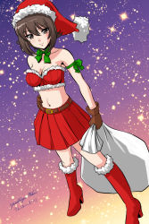 Rule 34 | 1girl, arm ribbon, artist name, belt, black belt, black gloves, boots, brown eyes, brown hair, closed mouth, commentary, crop top, dated, full body, fur-trimmed shirt, fur trim, girls und panzer, gloves, gradient sky, green ribbon, hand on own hip, hat, high heel boots, high heels, holding, holding sack, knee boots, looking at viewer, matsui yasutsugu, midriff, miniskirt, navel, neck ribbon, nishizumi maho, pleated skirt, red footwear, red hat, red shirt, red skirt, ribbon, sack, santa boots, santa costume, santa hat, shirt, short hair, signature, skirt, sky, smile, solo, standing, star (sky), starry sky, strapless, strapless shirt