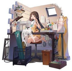 Rule 34 | 1girl, :d, brown eyes, brown hair, character name, desk lamp, dress, embroidery hoop, fabric, frilled underwear, full body, game cg, girls&#039; frontline, girls&#039; frontline neural cloud, holding, holding clothes, holding dress, imoko (imonatsuki), indoors, lamp, looking at viewer, official art, on stool, open mouth, qbu-88 (girls&#039; frontline), recycle bin, scissors, sewing, sewing machine, smile, spool, stool, stuffed animal, stuffed panda, stuffed toy, tape measure, thread, transparent background, underwear, underwear only, unworn dress, white dress, window
