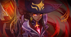 Rule 34 | 1girl, artist name, black headwear, braid, brown background, brown hair, closed mouth, dark-skinned female, dark skin, earrings, gun, hand up, high noon senna, holding, holding gun, holding weapon, jacket, jewelry, league of legends, long hair, orange eyes, purple jacket, red background, red headwear, senna (league of legends), solo, two-sided fabric, two-sided headwear, vmat, weapon