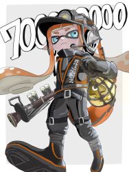 Rule 34 | 1girl, belt, black footwear, black gloves, black helmet, black jumpsuit, blue eyes, boots, border, commentary request, fegrqzf, gloves, golden egg (splatoon), grey background, grizzco charger (splatoon), gun, helmet, highres, holding, holding gun, holding weapon, inkling, inkling girl, inkling player character, jumpsuit, long hair, mining helmet, nintendo, outside border, pointy ears, rubber boots, rubber gloves, salmon run (splatoon), simple background, solo, splatoon (series), splatoon 3, tentacle hair, very long hair, walking, weapon, white border