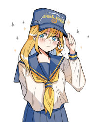 Rule 34 | 1girl, 7th stand user, adjusting clothes, adjusting headwear, arm behind back, blonde hair, blue eyes, blue hat, blue sailor collar, blue skirt, blush, closed mouth, commentary, earrings, english commentary, female protagonist (7th stand user), hair between eyes, hat, highres, jewelry, jojo no kimyou na bouken, long hair, long sleeves, looking at viewer, multicolored eyes, neckerchief, pleated skirt, sailor collar, school uniform, serafuku, shirt, simple background, skirt, smile, solo, sparkle, stud earrings, white background, white shirt, yellow eyes, yellow neckerchief, yoi okayu