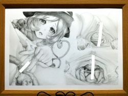 Rule 34 | 1girl, anus, bottomless, censored, cervix, clitoris, graphite (medium), heart, heart of string, highres, komeiji koishi, looking at viewer, open mouth, photo (medium), pussy, pussy juice, pussy juice trail, sek-it, short hair, solo, spread pussy, tentacles, touhou, traditional media, urethra