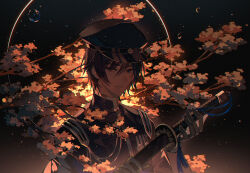 Rule 34 | 1boy, absurdres, backlighting, black headwear, blue eyes, blue hair, branch, bubble, cherry blossoms, eclipse, gloves, hair between eyes, highres, holding, holding sword, holding weapon, japanese clothes, kaito (vocaloid), katana, kazenemuri, limited palette, looking at viewer, lunar eclipse, male focus, military, military uniform, night, rei no sakura sousetsu (module), serious, short hair, sky, sword, tree, uniform, vocaloid, weapon, white gloves