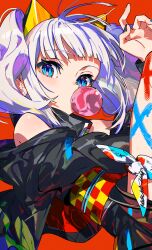 Rule 34 | 1girl, arm up, bare shoulders, black jacket, black nails, blowing bubbles, blue eyes, blue nails, checkered clothes, chewing gum, commentary request, grey hair, highres, jacket, kaguya luna, mika pikazo, nail polish, off shoulder, open clothes, open jacket, red background, sidelocks, simple background, sleeveless, solo, the moon studio, twintails, virtual youtuber