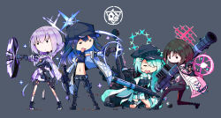 Rule 34 | 4girls, anti-materiel rifle, aqua hair, arius squad (blue archive), assault rifle, atsuko (blue archive), backpack, bag, baseball cap, belt pouch, black hair, blue archive, blue hair, braid, brown hair, bulletproof vest, closed mouth, cz scorpion evo 3, denim, fim-92 stinger, firing, gloves, grey background, gun, hair ornament, hairclip, halo, handgun, hat, highres, hiyori (blue archive), hood, hood down, hooded jacket, jacket, jeans, kneeling, long hair, low twin braids, magazine (weapon), midriff, misaki (blue archive), multiple girls, navel, ntw-20, on one knee, open mouth, pants, pouch, purple hair, rifle, rocket launcher, saori (blue archive), scarf, shell casing, shibuya susano, short hair, side ponytail, sig 516, sig p220/p226, sig sauer, sniper rifle, standing, stomach, submachine gun, taser, toon (style), torn clothes, torn jeans, torn pants, twin braids, v-shaped eyebrows, very long hair, weapon, white jacket