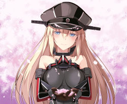 Rule 34 | 1girl, anchor, bare shoulders, bismarck (kancolle), black hat, blonde hair, blue eyes, breasts, brown gloves, closed mouth, collar, collarbone, colored eyelashes, detached sleeves, gloves, gradient background, hair between eyes, hat, highres, holding, impossible clothes, kantai collection, long hair, long sleeves, looking at viewer, medium breasts, ohta yuichi, own hands together, peaked cap, petals, pink background, smile, solo, straight hair, tsurime, upper body
