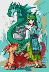 Rule 34 | 1girl, aqua apron, blue eyes, closed mouth, doggo 1d34, dragon, dragon girl, dragon horns, dragon tail, drawstring, fins, full body, green hair, green hakama, green skirt, green tail, hakama, hakama skirt, hand on own hip, head fins, highres, hood, hood down, hoodie, horns, japanese clothes, leaning, leaning back, leaning on object, long hair, long skirt, long sleeves, looking at viewer, milestone celebration, original, pleated skirt, sandals, signature, skirt, sleeves past wrists, solo, standing, tail, thank you, western dragon, white hoodie