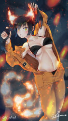 Rule 34 | 1girl, absurdres, armpits, bare shoulders, bikini, black background, black bikini, black hair, breasts, cleavage, closed mouth, collarbone, commentary request, completion time, cowboy shot, en&#039;en no shouboutai, fiery ears, fiery tail, fire, groin, hair between eyes, hands up, highres, holding, holding own hair, jumpsuit, long sleeves, looking at viewer, medium breasts, midriff, navel, off shoulder, open jumpsuit, orange jumpsuit, signature, solo, standing, swimsuit, tail, tamaki kotatsu, twintails, twitter username, underboob, yellow eyes, yurakusai