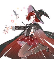 Rule 34 | 1girl, bad id, bad pixiv id, boots, bow, cape, card, danganronpa (series), eaoo20, hair ornament, hairclip, hat, danganronpa v3: killing harmony, open mouth, pantyhose, pleated skirt, red hair, short hair, skirt, solo, witch hat, yumeno himiko