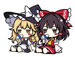 Rule 34 | 2girls, ascot, barefoot, blonde hair, blush stickers, bottle, bow, braid, brown eyes, brown hair, buttons, chibi, detached sleeves, drinking, frilled bow, frills, hair bow, hair ribbon, hair tubes, hakurei reimu, hat, hat bow, highres, holding, holding bottle, japanese clothes, jitome, kirisame marisa, long hair, medium hair, miko, milk, milk bottle, multiple girls, no sclera, nontraditional miko, red bow, red skirt, ribbon, ribbon-trimmed sleeves, ribbon trim, simple background, single braid, sitting, skirt, skirt set, touhou, white background, white bow, wide sleeves, witch hat, yamanakaume, yellow ascot, yellow eyes