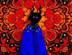 Rule 34 | 1boy, black hair, blue coat, coat, curled horns, floral background, flower, glowing, glowing eyes, horns, jewelry, jmfenner91, looking at viewer, medium hair, necklace, no mouth, original, patterned background, patterned clothing, purple eyes, red flower, shaded face, star (symbol), star necklace, upper body