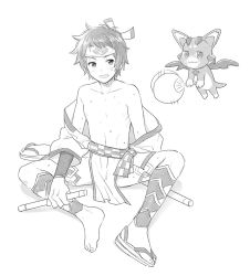 Rule 34 | 10s, 1boy, arm support, dragon, drum master (granblue fantasy), drumsticks, fanning, full body, fundoshi, geta, gran (granblue fantasy), granblue fantasy, greyscale, hachimaki, hand fan, happi, headband, indian style, japanese clothes, looking at viewer, male focus, male underwear, monochrome, off shoulder, open mouth, unworn shoe, short hair, sitting, smile, taiko sticks, vyrn (granblue fantasy), white male underwear