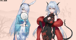 Rule 34 | 2girls, alternate costume, animal ears, arknights, black dress, breasts, china dress, chinese clothes, dress, earrings, frostnova (arknights), hair ornament, hand fan, highres, horns, jewelry, long hair, multiple girls, pelvic curtain, silver hair, simple background, srpzk, tail, talulah (arknights), twintails, white dress