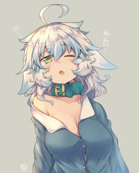 Rule 34 | 1girl, ;o, animal ears, bare shoulders, breasts, cleavage, collar, collarbone, fang, green collar, grey background, kuromiya, large breasts, off shoulder, one eye closed, open mouth, original, shiromiya asuka, short hair, simple background, sleepy, solo, upper body, white hair