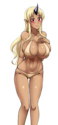 Rule 34 | 10s, 1girl, ass, bikini, blonde hair, breasts, bursting breasts, cleavage, collarbone, commentary, covered erect nipples, dark-skinned female, dark skin, english commentary, gluteal fold, hand on own chest, horns, huge breasts, long hair, looking at viewer, monster girl, monster musume no iru nichijou, navel, ogre, pointy ears, red eyes, simple background, single horn, skindentation, smile, solo, stomach, swimsuit, tionishia, toned, twrlare, white background