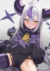 Rule 34 | 1girl, ahoge, ascot, blush, braid, braided bangs, collar, crow (la+ darknesss), cuffs, demon girl, demon horns, fang, grey hair, hair between eyes, highres, hololive, horns, kanzarin, la+ darknesss, long hair, long sleeves, looking at viewer, multicolored hair, open mouth, pointy ears, purple hair, purple horns, single thighhigh, skin fang, sleeves past fingers, sleeves past wrists, slit pupils, solo, streaked hair, striped horns, sweat, thighhighs, thighs, very long hair, virtual youtuber, yellow ascot, yellow eyes