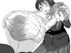 Rule 34 | 2girls, adult baby, aidon raiki (group), bent over, black hair, blush, buttons, closed eyes, copyright request, diaper, female focus, glasses, greyscale, hair bobbles, hair ornament, hairstyle request, hand on another&#039;s head, hand on another&#039;s shoulder, hand on own ass, hand on own crotch, hatching (texture), jacket, kneeling, linear hatching, medium hair, monochrome, multiple girls, no pants, open mouth, pleated skirt, pocket, shirt, shoes, simple background, skirt, suit jacket, sweat, tearing up, twintails, wet diaper, white background, white shirt, worried
