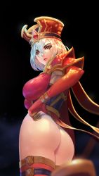 Rule 34 | 1girl, armor, ass, blurry, breasts, commentary request, depth of field, elbow gloves, from behind, gloves, hair between eyes, hand on own hip, hat, large breasts, looking at viewer, looking back, no panties, parted lips, pauldrons, red eyes, red hat, red thighhighs, sally whitemane, shoulder armor, solo, standing, tabard, thighhighs, tianlluo, warcraft, white hair, world of warcraft