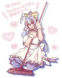 Rule 34 | 1girl, alternate costume, antenna hair, apron, black thighhighs, blazblue, blazblue remix heart, blue hair, blush, bow, breasts, choker, enmaided, genderswap, genderswap (mtf), hair bow, heart, heart background, large breasts, long hair, mai natsume, maid, maid apron, maid headdress, mop, nunun, over-kneehighs, ponytail, red eyes, seiza, simple background, sitting, solo, thighhighs, translation request, very long hair, waist apron, wrist cuffs
