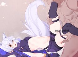 Rule 34 | 1boy, 1girl, animal ears, arched back, arknights, black thighhighs, blush, breasts, brown background, completely nude, crop top, from side, gloves, grey hair, hetero, highres, hood, hood down, large breasts, large tail, legs up, long hair, looking at viewer, looking to the side, lying, missionary, nami qi, navel, nude, on back, open mouth, orange eyes, provence (arknights), purple gloves, purple shorts, sex, short shorts, shorts, simple background, skindentation, solo focus, tail, thigh grab, thigh strap, thighhighs, wolf ears, wolf girl, wolf tail