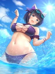 Rule 34 | 1girl, :d, animal ears, arm up, azur lane, bare shoulders, bikini, black-framed eyewear, black hair, blue eyes, blue hair, blue nails, blue sky, blunt bangs, blush, breasts, cat ears, cheshire (azur lane), cheshire (summery date!) (azur lane), cleavage, cloud, commentary request, day, detached collar, eyewear on head, fang, flower, frilled bikini, frills, from below, hair flower, hair ornament, highres, kirifrog, large breasts, lens flare, looking at viewer, looking down, multicolored hair, nail polish, navel, open mouth, outdoors, purple bikini, purple flower, purple ribbon, ribbon, skin fang, sky, smile, solo, splashing, stomach, strapless, strapless bikini, streaked hair, sun, sunglasses, swimsuit, two-tone hair, wading, water, wrist ribbon